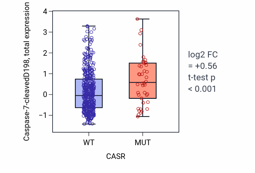 Box plot of Caspase-7-cleavedD198 in CASR-low vs CASR-high samples in UCEC.