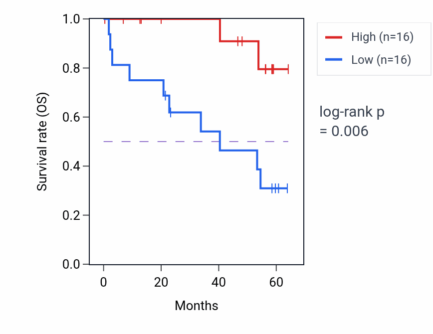 Kaplan&ndash;Meier survival curve for CASTOR2 mass-spec protein-high vs -low samples in CCRCC.