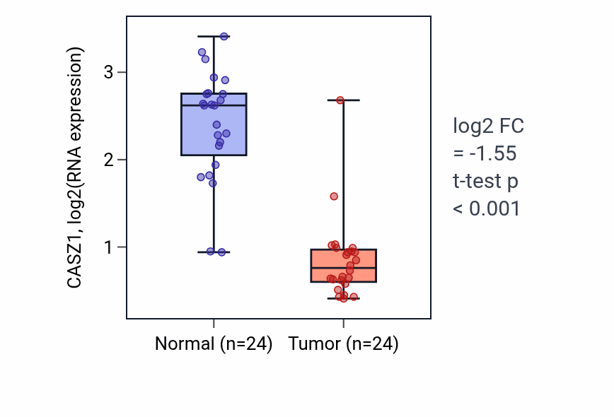 Tumor-vs-normal expression box plot for CASZ1 in KIRC.