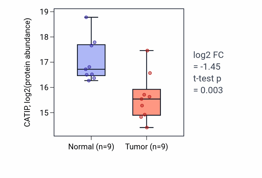 Tumor-vs-normal mass-spec protein box plot for CATIP in LSCC.