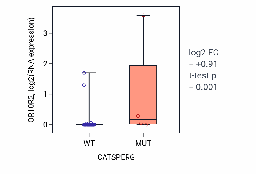 Box plot of OR10R2 in CATSPERG-low vs CATSPERG-high samples in LUNG_SCLC.