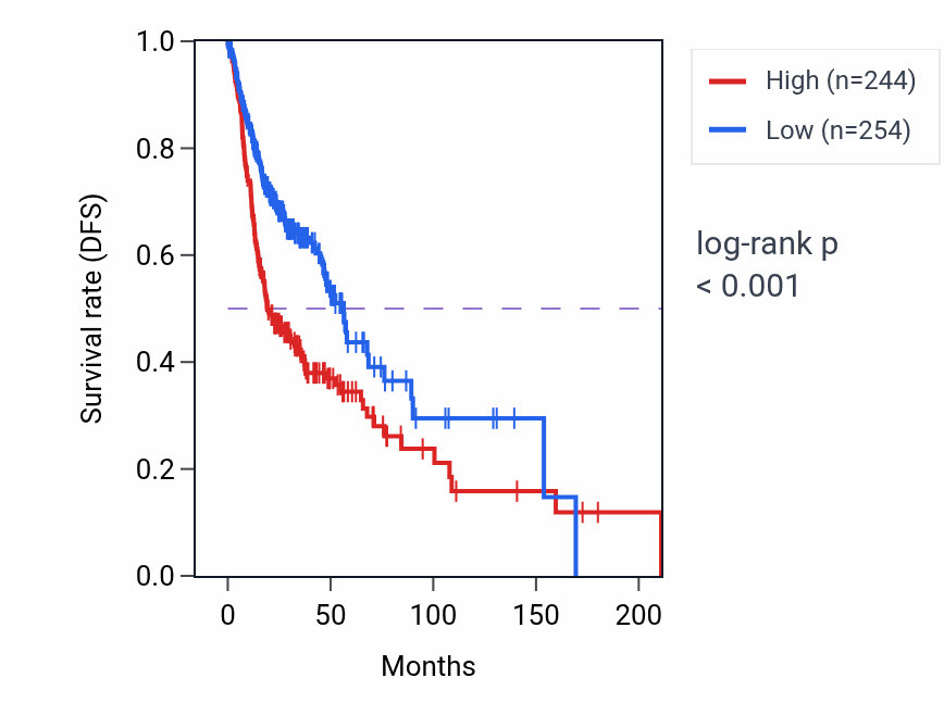 Kaplan&ndash;Meier survival curve for CAV2 RNA expression in HNSC: high vs low expression groups.