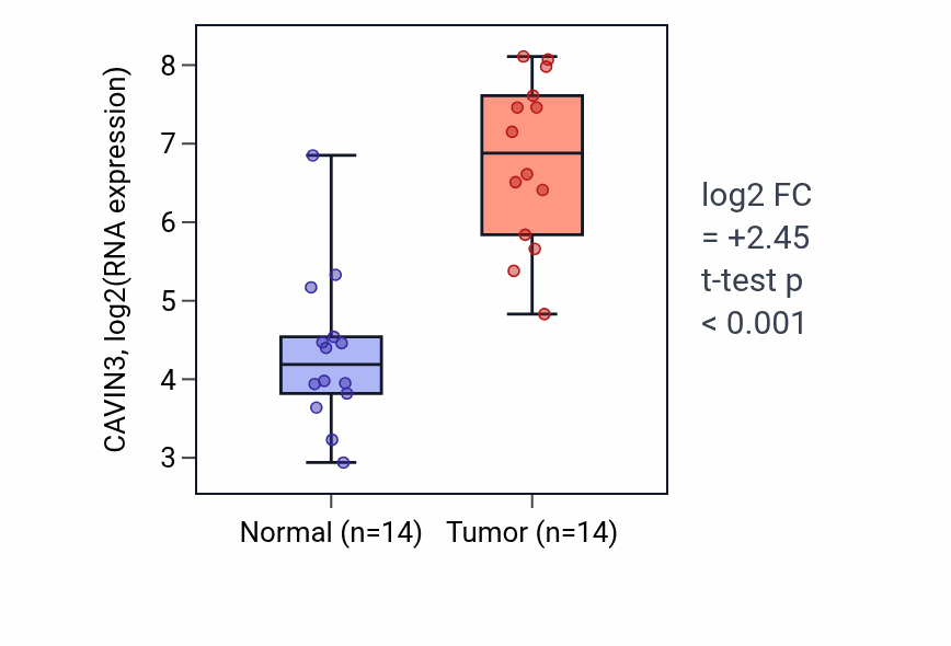 Tumor-vs-normal expression box plot for CAVIN3 in KIRC.