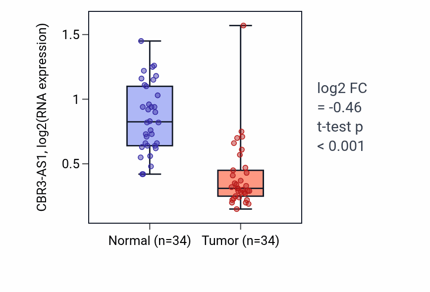 Tumor-vs-normal expression box plot for CBR3-AS1 in KIRC.