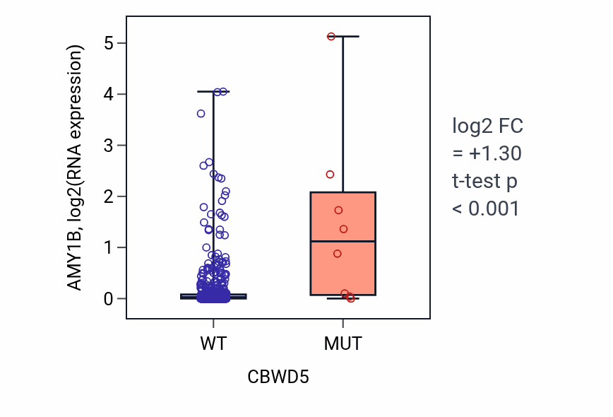 Box plot of AMY1B in CBWD5-low vs CBWD5-high samples in UCEC.