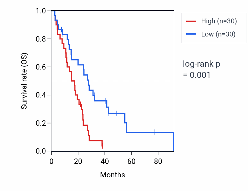 Kaplan&ndash;Meier survival curve for CBX1P1 RNA expression in MESO: high vs low expression groups.
