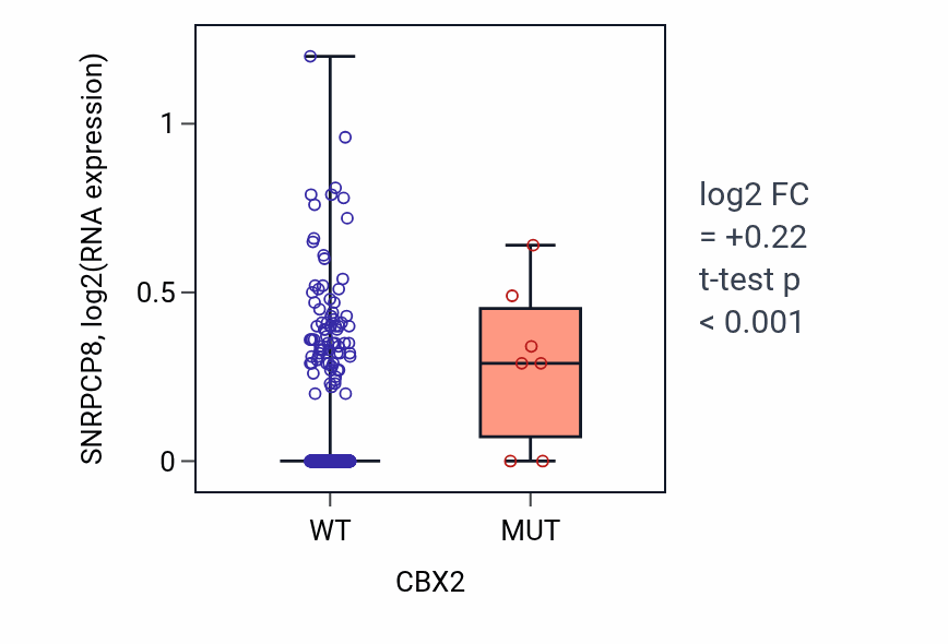Box plot of SNRPCP8 in CBX2-low vs CBX2-high samples in LUSC.