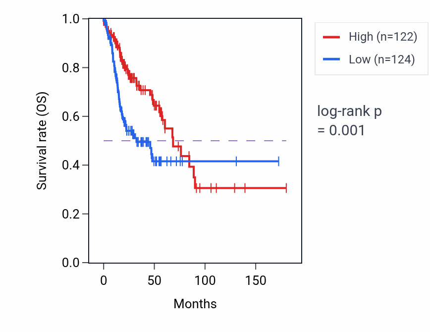 Kaplan&ndash;Meier survival curve for CC2D1A RNA expression in HNSC: high vs low expression groups.