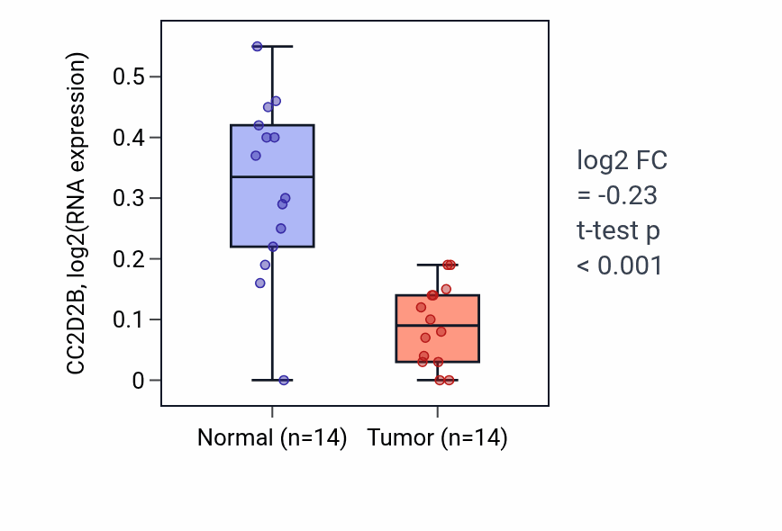 Tumor-vs-normal expression box plot for CC2D2B in LUSC.