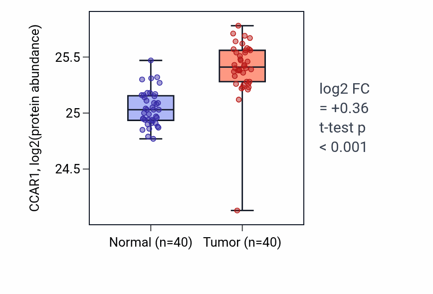 Tumor-vs-normal mass-spec protein box plot for CCAR1 in COAD.
