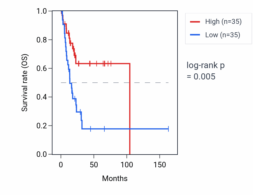 Kaplan&ndash;Meier survival curve for CCDC162P RNA expression in BLCA: high vs low expression groups.