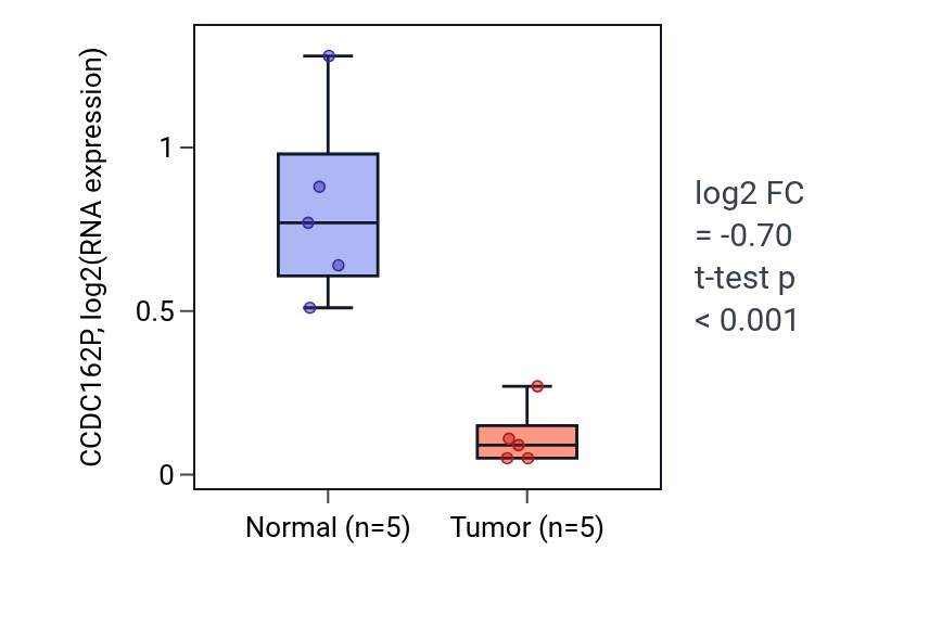 Tumor-vs-normal expression box plot for CCDC162P in KIRP.