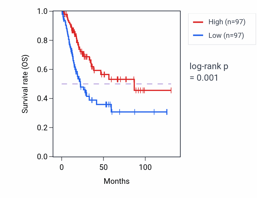 Kaplan&ndash;Meier survival curve for CCDC191 RNA expression in BLCA: high vs low expression groups.