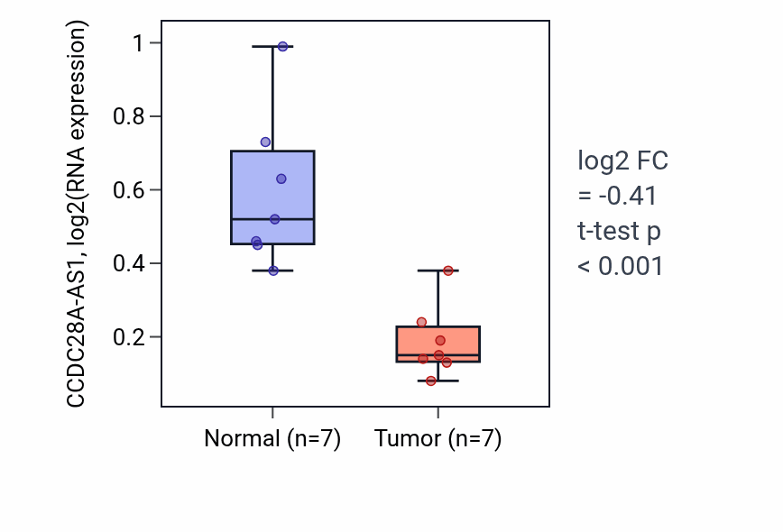 Tumor-vs-normal expression box plot for CCDC28A-AS1 in KICH.
