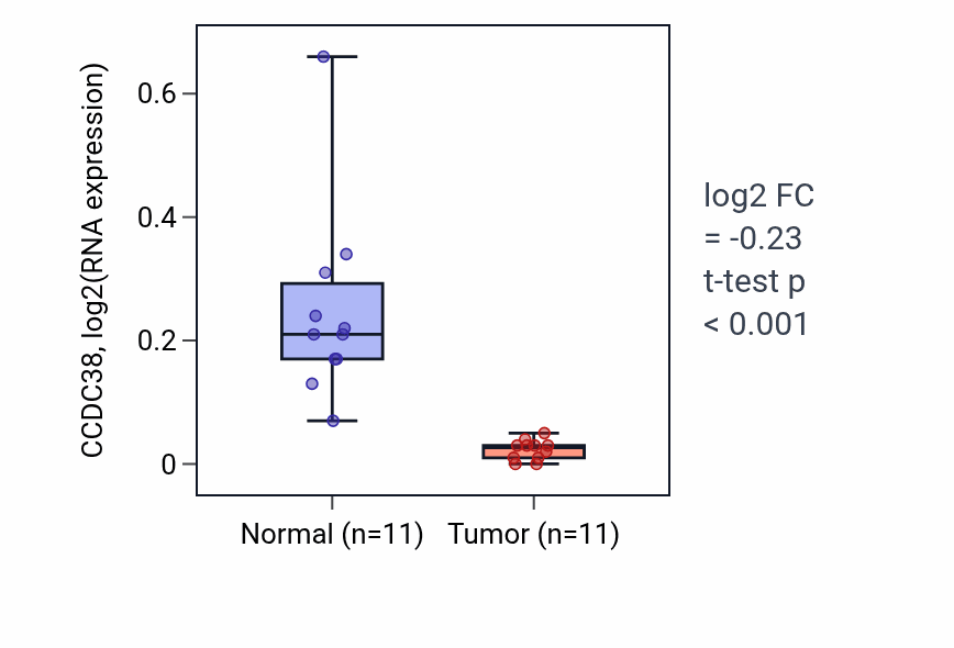 Tumor-vs-normal expression box plot for CCDC38 in KICH.