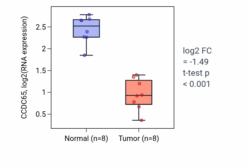 Tumor-vs-normal expression box plot for CCDC65 in KICH.