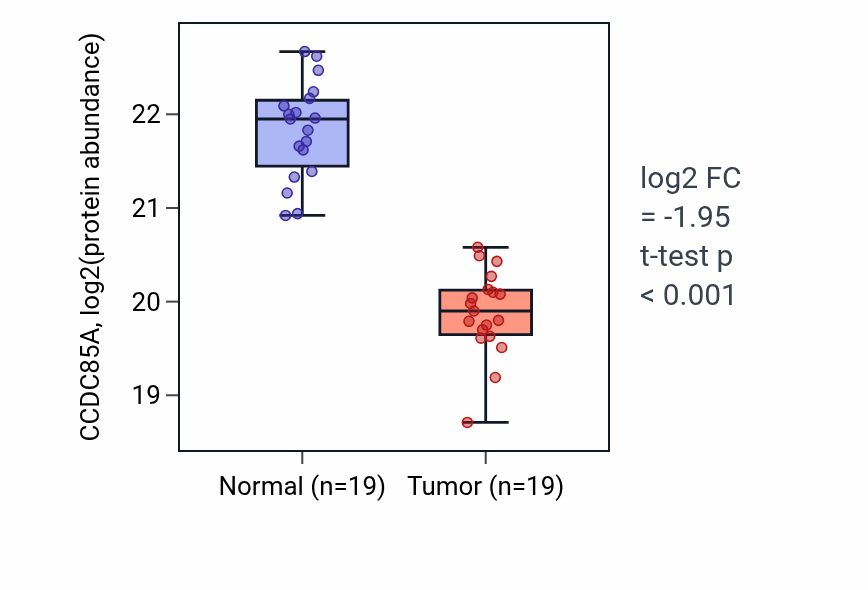 Tumor-vs-normal mass-spec protein box plot for CCDC85A in LSCC.