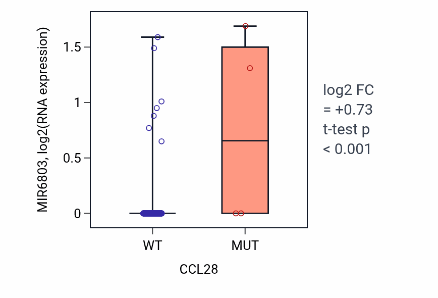 Box plot of MIR6803 in CCL28-low vs CCL28-high samples in LUSC.