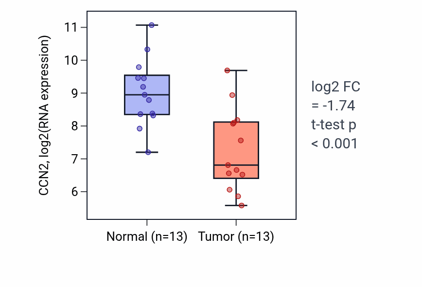 Tumor-vs-normal expression box plot for CCN2 in KIRC.