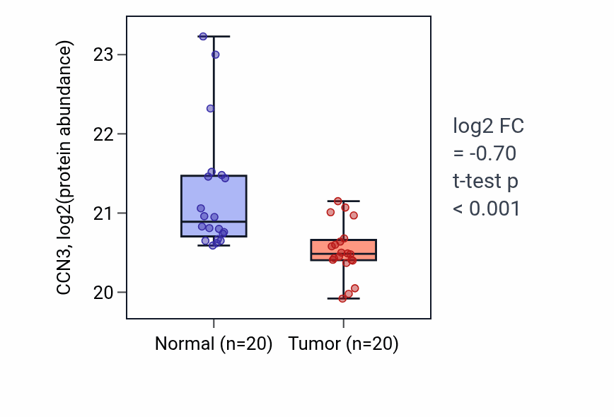 Tumor-vs-normal mass-spec protein box plot for CCN3 in LSCC.