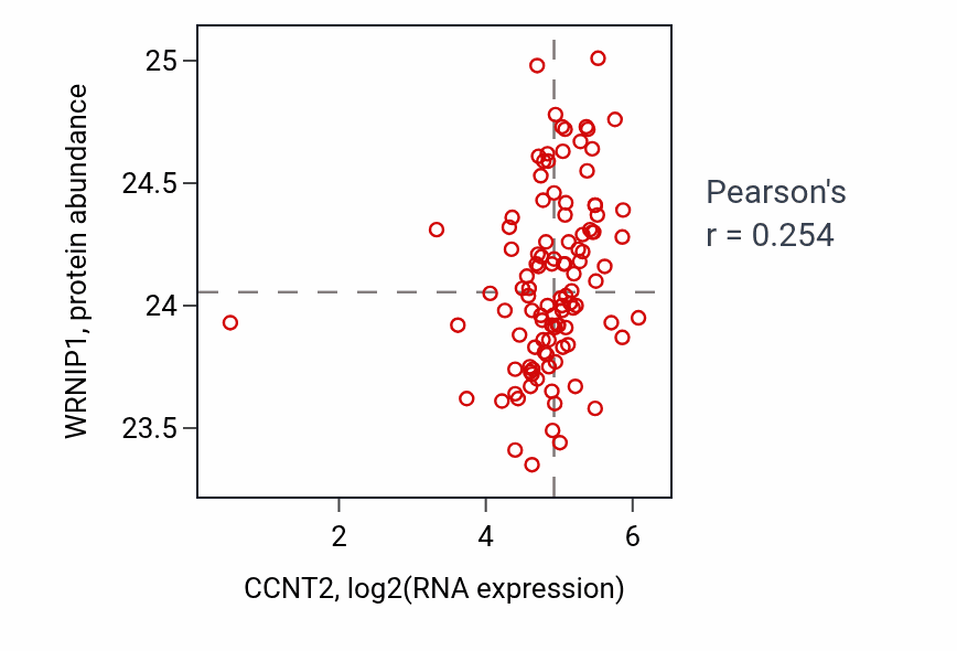 Per-sample scatter of CCNT2 vs WRNIP1 in HNSC (Pearson r = 0.25).