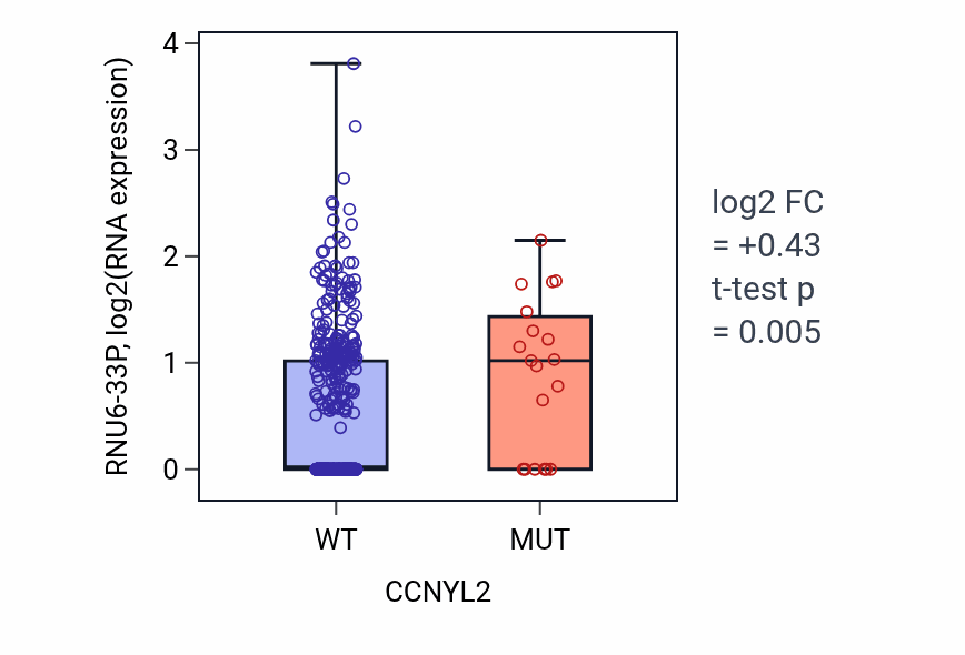 Box plot of RNU6-33P in CCNYL2-low vs CCNYL2-high samples in UCEC.