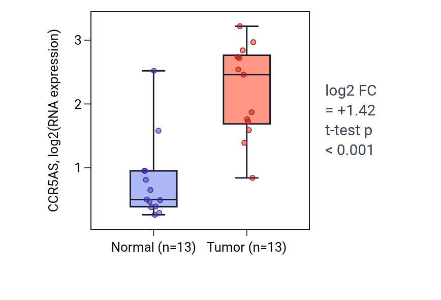 Tumor-vs-normal expression box plot for CCR5AS in KIRC.