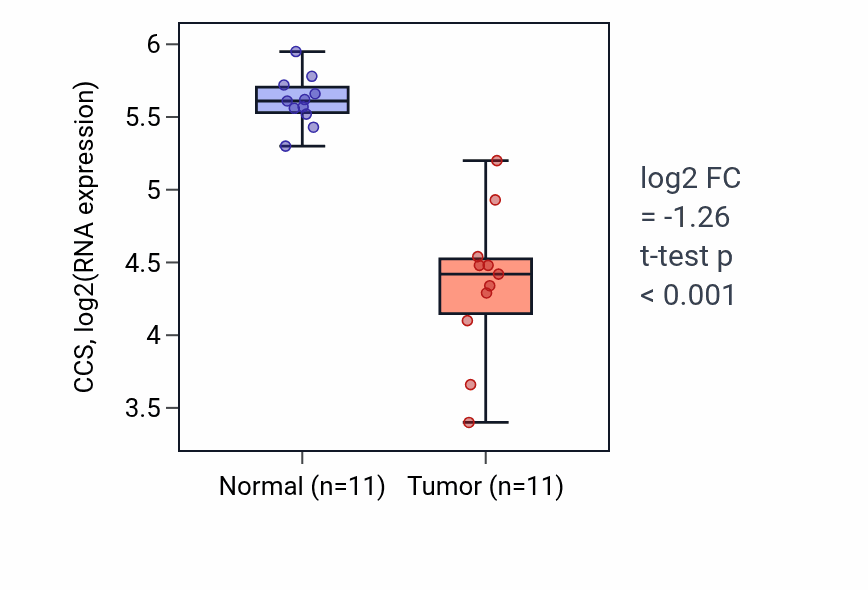 Tumor-vs-normal expression box plot for CCS in KICH.