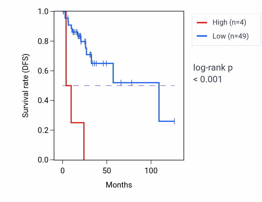 Kaplan&ndash;Meier survival curve for CCT8L1P RNA expression in READ: high vs low expression groups.
