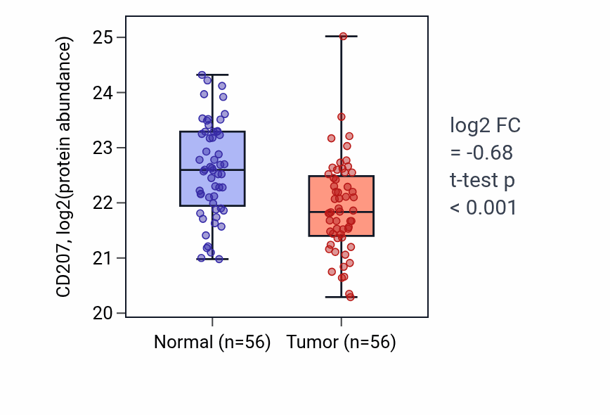 Tumor-vs-normal mass-spec protein box plot for CD207 in HNSC.