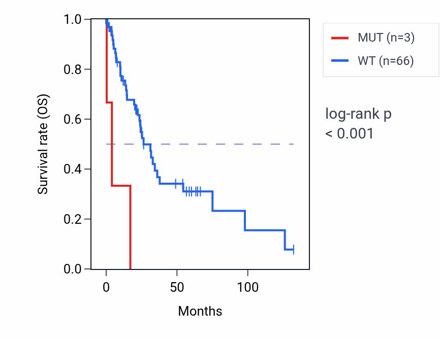 Kaplan&ndash;Meier survival curve for CD33 mutant vs wild-type samples in LUSC.