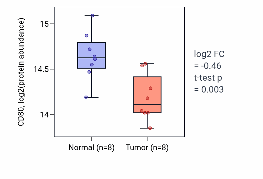 Tumor-vs-normal mass-spec protein box plot for CD80 in LUAD.