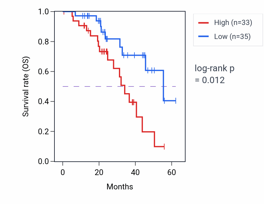Kaplan&ndash;Meier survival curve for CD99 mass-spec protein-high vs -low samples in HNSC.
