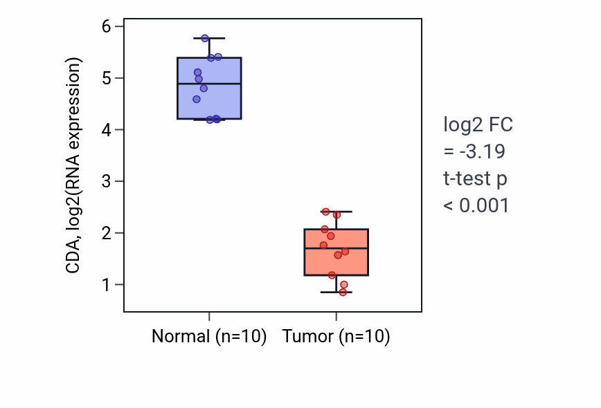 Tumor-vs-normal expression box plot for CDA in KIRP.