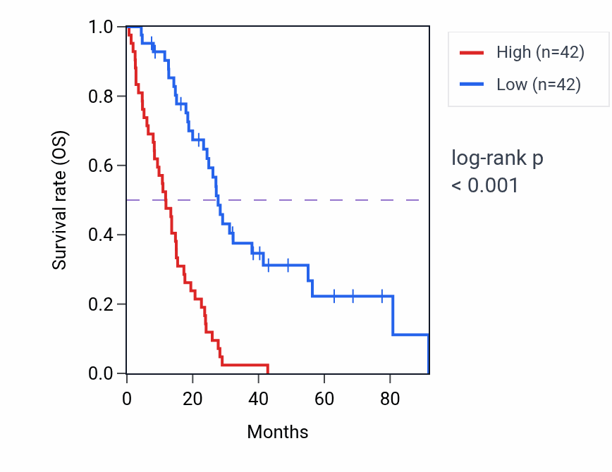 Kaplan&ndash;Meier survival curve for CDC25A RNA expression in MESO: high vs low expression groups.