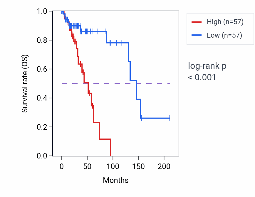 Kaplan&ndash;Meier survival curve for CDC26P1 RNA expression in LGG: high vs low expression groups.