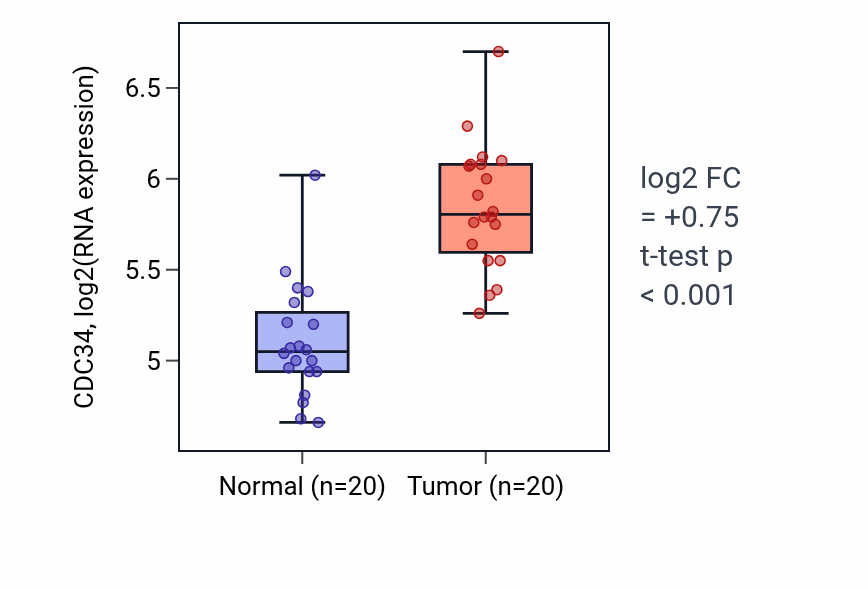Tumor-vs-normal expression box plot for CDC34 in KIRC.