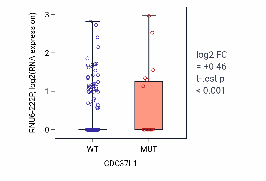Box plot of RNU6-222P in CDC37L1-low vs CDC37L1-high samples in UCEC.