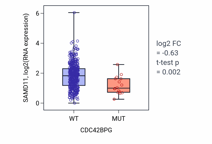 Box plot of SAMD11 in CDC42BPG-low vs CDC42BPG-high samples in COAD.