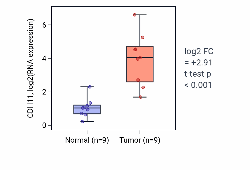 Tumor-vs-normal expression box plot for CDH11 in HNSC.