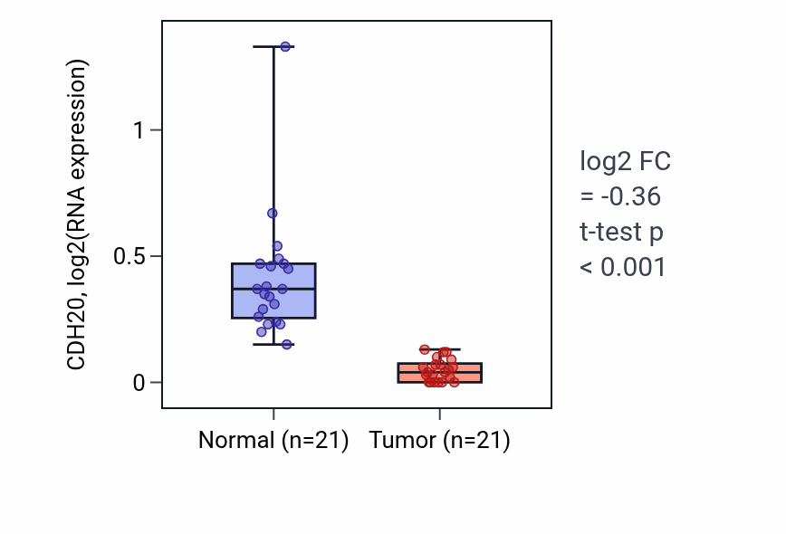 Tumor-vs-normal expression box plot for CDH20 in KIRP.