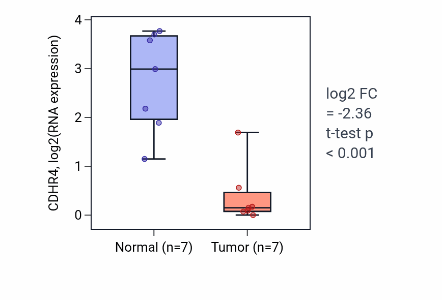 Tumor-vs-normal expression box plot for CDHR4 in LUSC.