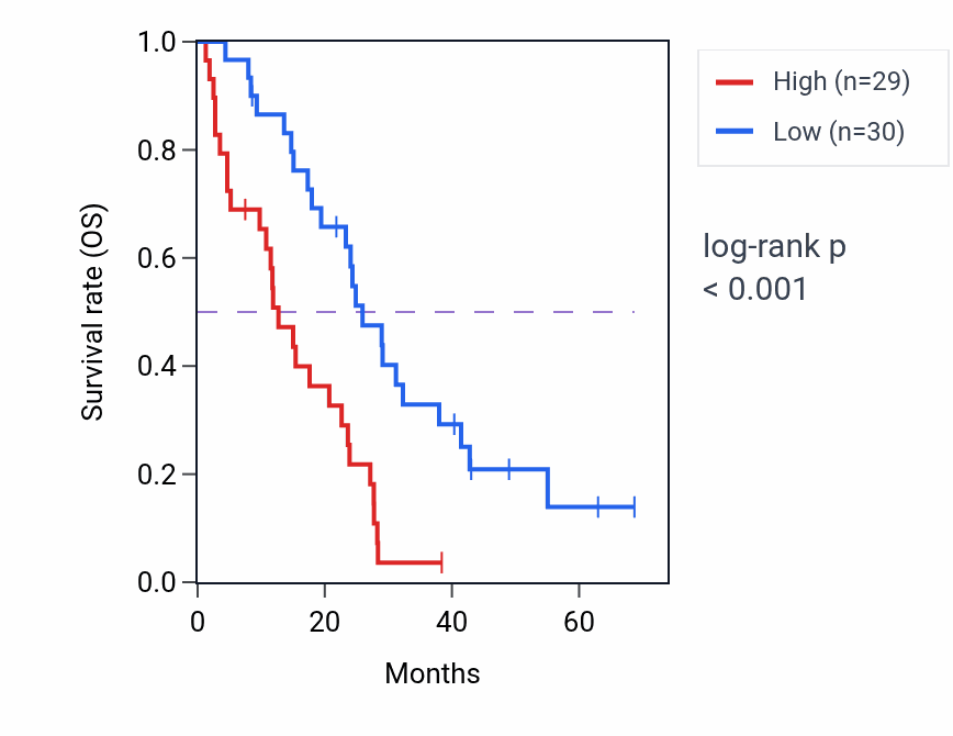 Kaplan&ndash;Meier survival curve for CDK12 RNA expression in MESO: high vs low expression groups.