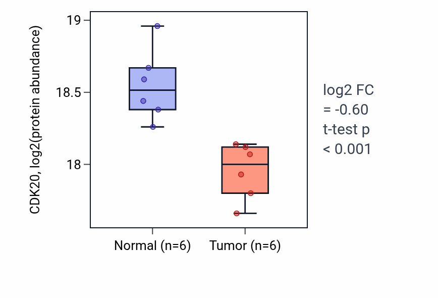 Tumor-vs-normal mass-spec protein box plot for CDK20 in PDAC.
