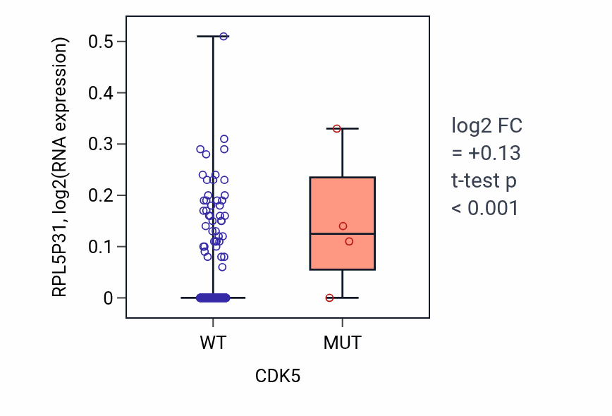 Box plot of RPL5P31 in CDK5-low vs CDK5-high samples in LUAD.