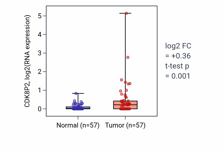 Tumor-vs-normal expression box plot for CDK8P2 in LUAD.