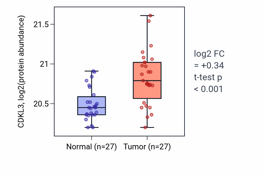 Tumor-vs-normal mass-spec protein box plot for CDKL3 in CCRCC.