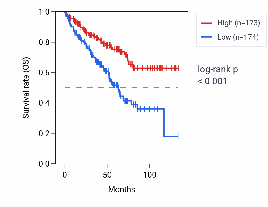 Kaplan&ndash;Meier survival curve for CDKN2AIP RNA expression in KIRC: high vs low expression groups.