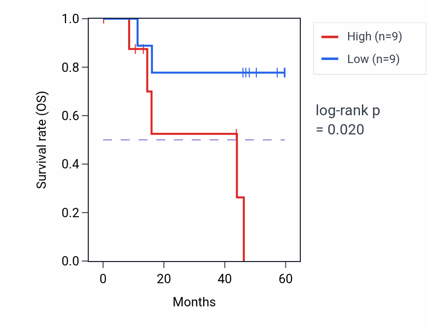 Kaplan&ndash;Meier survival curve for CDO1 mass-spec protein-high vs -low samples in LSCC.