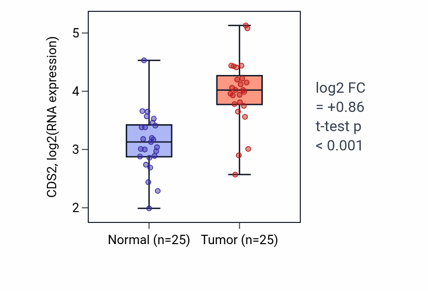 Tumor-vs-normal expression box plot for CDS2 in HNSC.